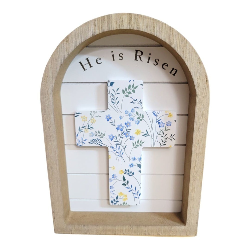 NEW "He is Risen" Blue Shadowbox Cross Wooden Home Decor (Size: 7" x 5" x 1.5") - Picture 4 of 7